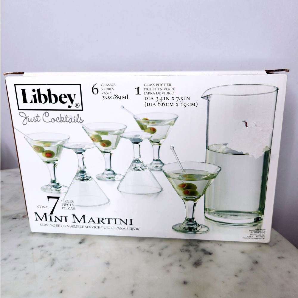 Libbey Mini Martini Set Cocktail Pitcher 6 Glasses Barware Entertaining